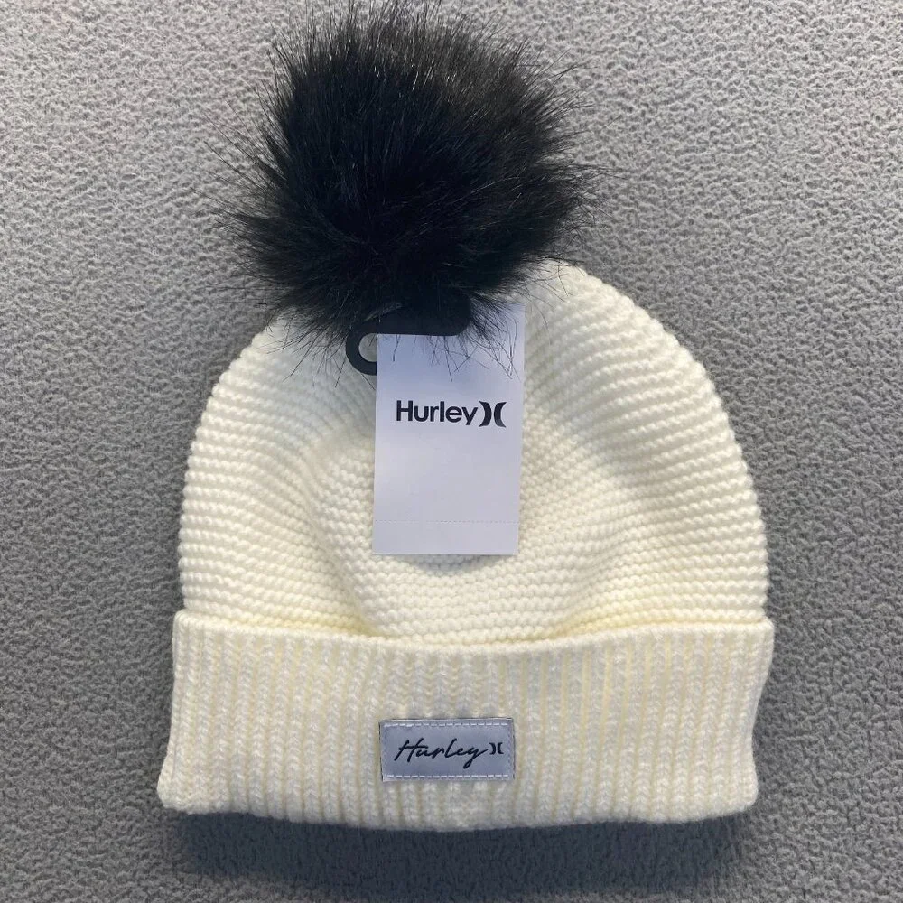 Hurley Women’s Cream Knit Beanie with PomPom One Size Thermal,Outdoor New - Picture 1 of 8